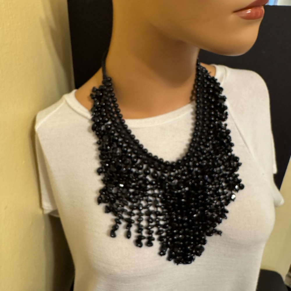 VTG Sajen black onyx knotted nugget gemstone waterfall statement necklace